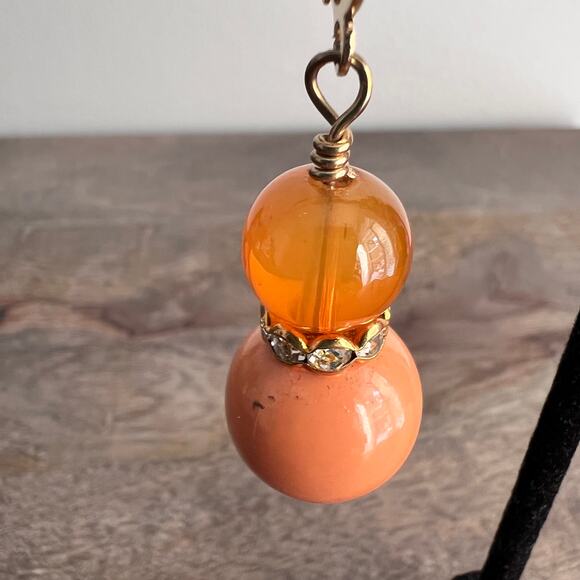 Peach Orange Bauble Beaded Rhinestone Studded Dangle Drop Earrings - Picture 6 of 7